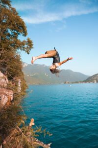 jump, lac, saut, salto, frontflip, blue, annecy